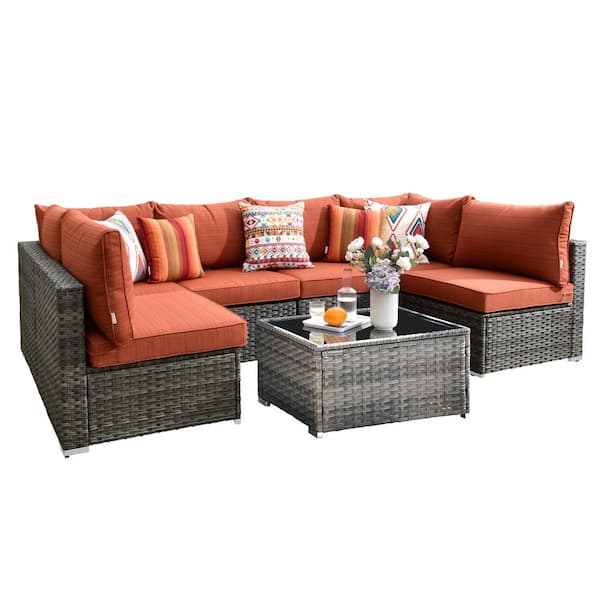 Helene Gray 7-Piece Wicker Outdoor Furniture Patio Conversation Sectional Sofa Set with Orange Red Cushions
