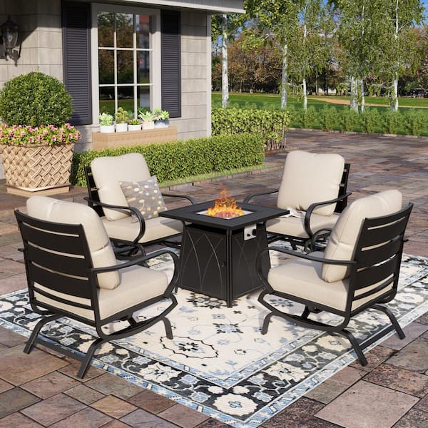 PHI VILLA Black Metal 4 Seat 5-Piece Steel Outdoor Patio Conversation Set with Beige Cushions,Motion Chairs,Square Fire Pit Table