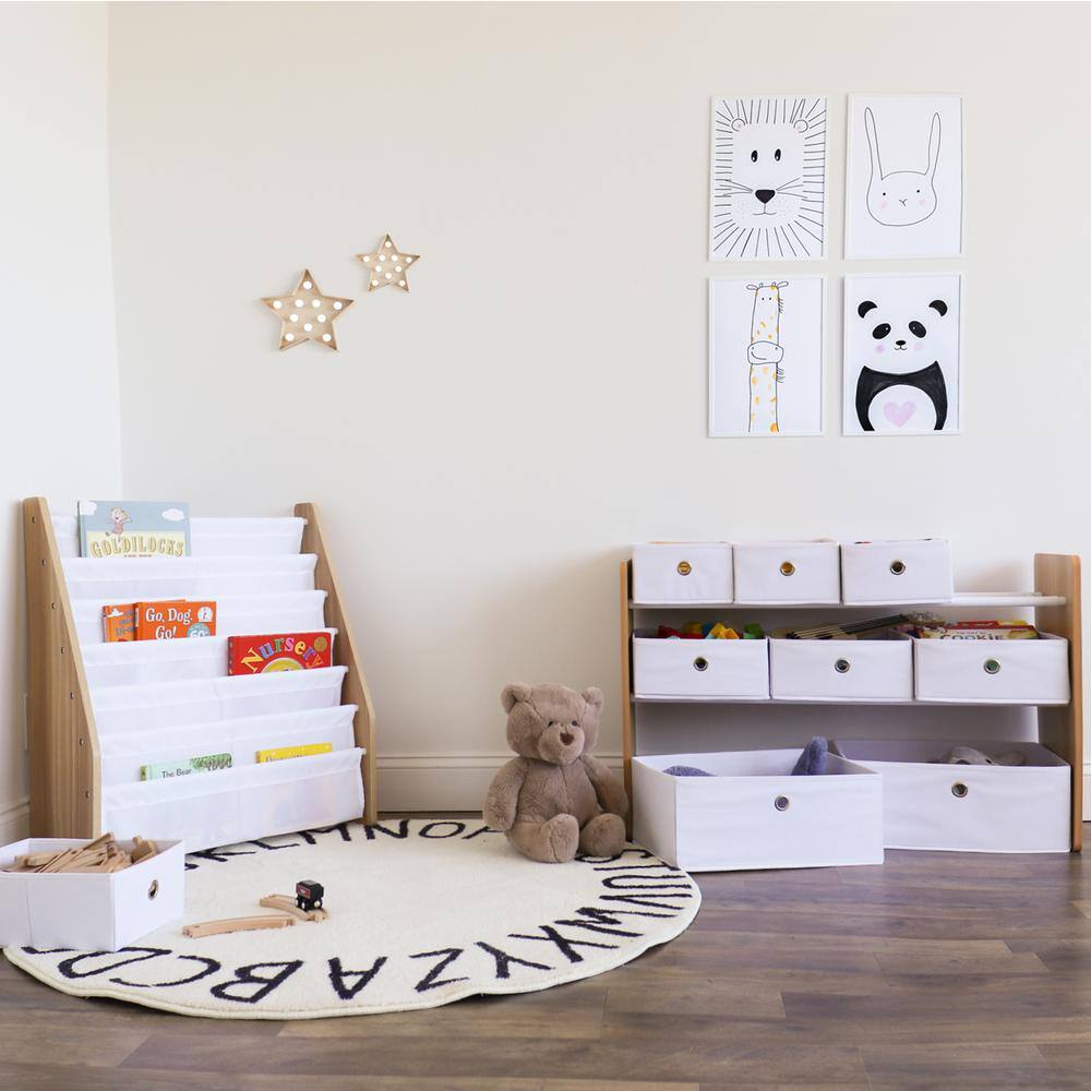 Natural Wood and White 3-Tier Toy Storage Organizer with 9 Fabric Bins