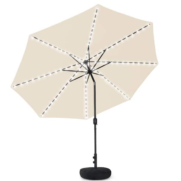 AURA OUTDOOR 11 ft. Beige Round Solar LED Metal Rotation Cantilever Offset Outdoor Patio Umbrella with a Base in Sand