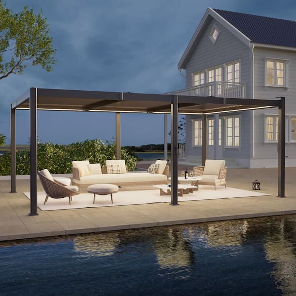 12 ft. x 20 ft. Modern All-Aluminum Pergola with Detachable Control Panel LED and Hand Crank Louvers, Grey