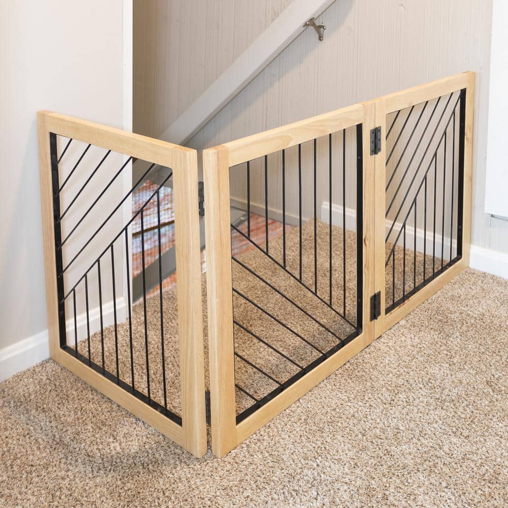 Natural Wood and Black Metal 3-Panel Freestanding Pet Gate