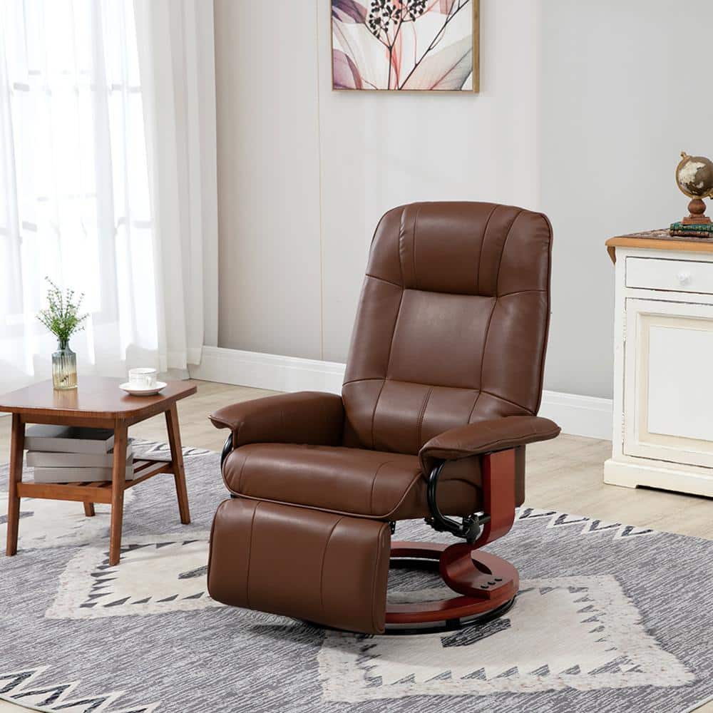 Brown Faux Leather Swivel Recliner with Wood Base