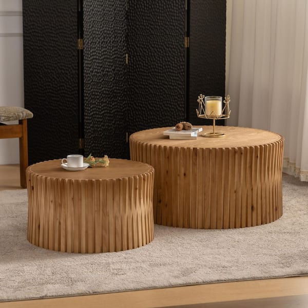 Sudzendf 31.5 in. Natural Cylindrical Nesting Coffee Table Set with Vertical Textured Embossed Design (Set of 2)