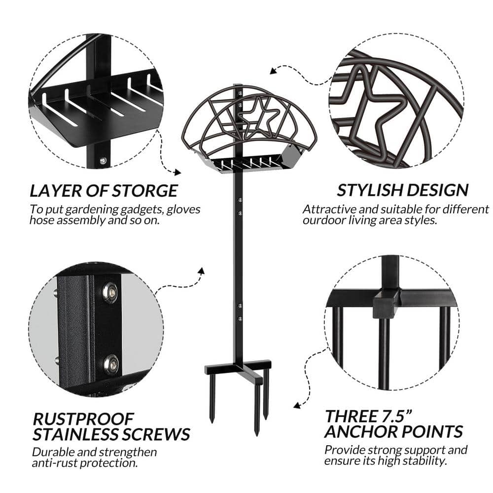 Black Powder-Coated Steel Freestanding Garden Hose Holder with Star Design