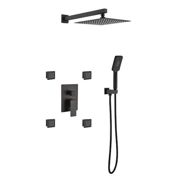 3-spray Wall Mount Dual Fixed and Handheld Shower Head with Body Jets in Matte Black