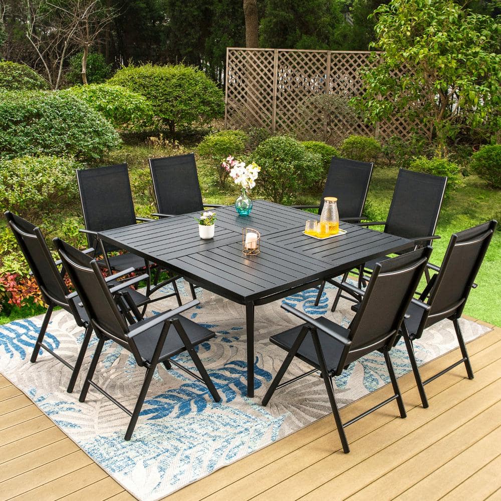 PHI VILLA 9 Piece Metal Outdoor Dining Set With Square Table And Black Folding Chairs THD9