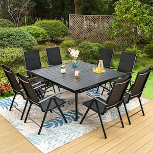 9-Piece Metal Outdoor Dining Set with Square Table and Black Folding Chairs
