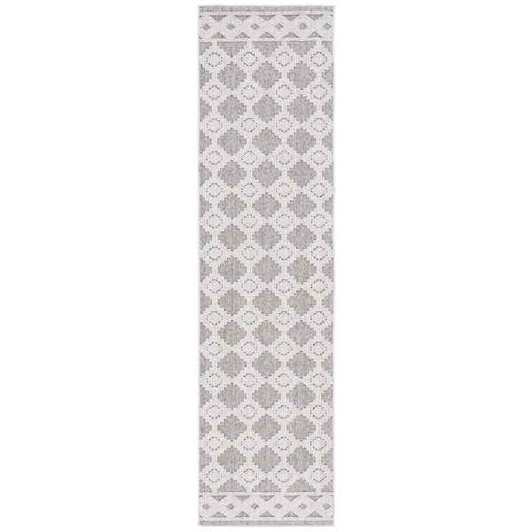 Global Gray/Ivory 2 ft. x 8 ft. Diamond Ornate Border Indoor/Outdoor Runner Rug
