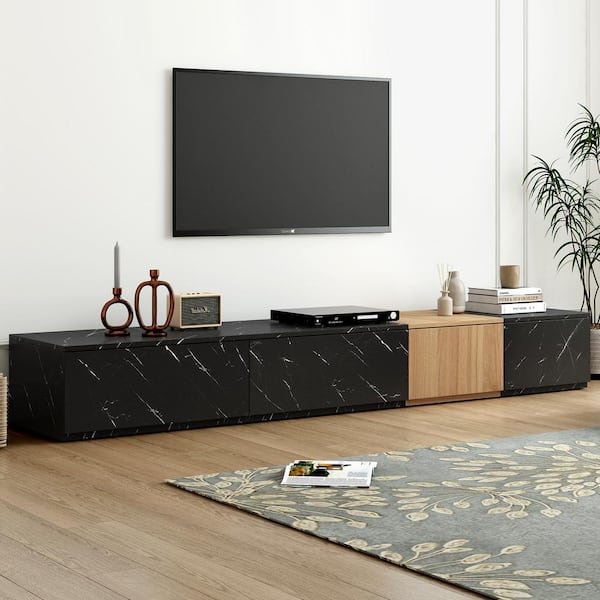 Magic Home Modern TV Stand Fits TV's Up to 88 in. with Faux Marble and Walnut Wood Grain Finish, 4 Storage Drawers,Black