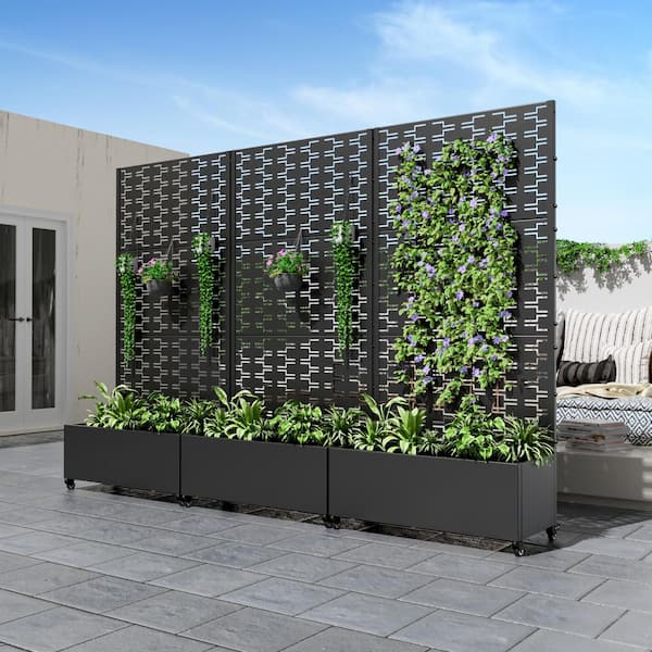 1 Piece 71.37 In. H x 35.1 In. W Black Metal Rectangle Outdoor Raised Garden Bed With Climbing Frame Wall Decor.