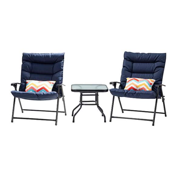 JAYDEN CREATION Black 3-Piece Metal 36 in. Outdoor Dining Set with Navy Cushions Nod Taupe Theme Round