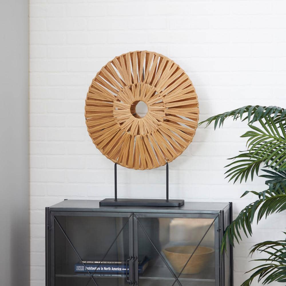 Brown Plastic Rattan Handmade Abstract Sculpture with Black Stand