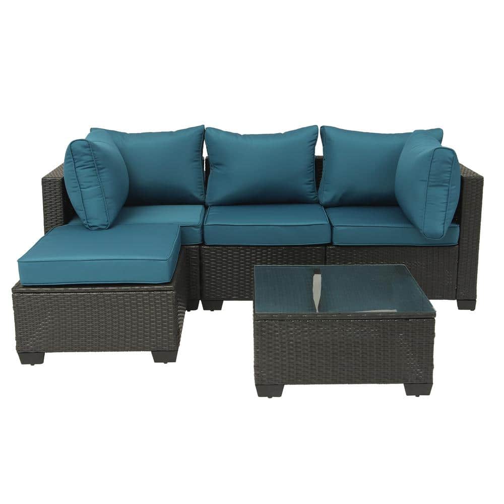 5 -Piece Dark Coffee Brown Wicker Outdoor Sectional Sofa Set with Peacock B