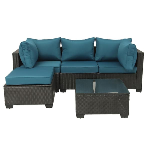 Unbranded 5 -Piece Dark Coffee Brown Wicker Outdoor Sectional Sofa Set with Peacock Blue Cushion
