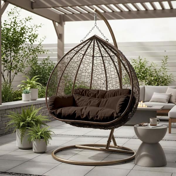 Hanging Metal Porch Swing Chair in Brown Stainless Steel Frame with Cushions Recluse Collection in Brown