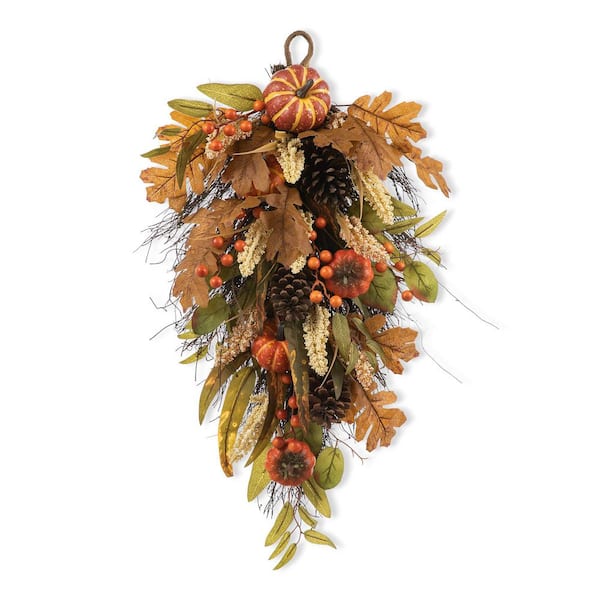 15 in. Fall Pumpkin Leaf Swag Includes a Complimentary Black Metal Artificial Christmas Swag Hanger