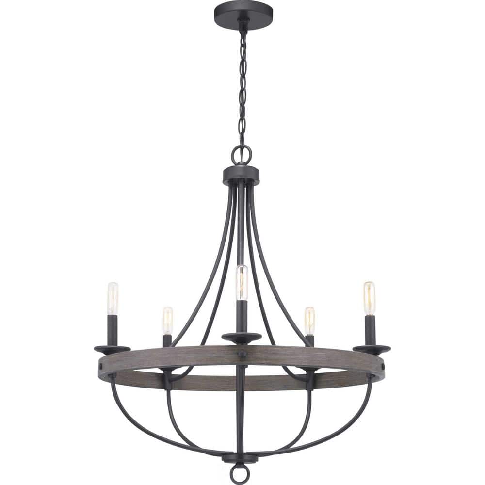 Gulliver 26" Black and Oak Five-Light Chandelier