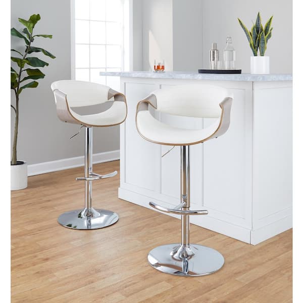 Lumisource Symphony 32.5 in. White Faux Leather, Light Grey Wood and Chrome Metal Adjustable Bar Stool (Set of 2)