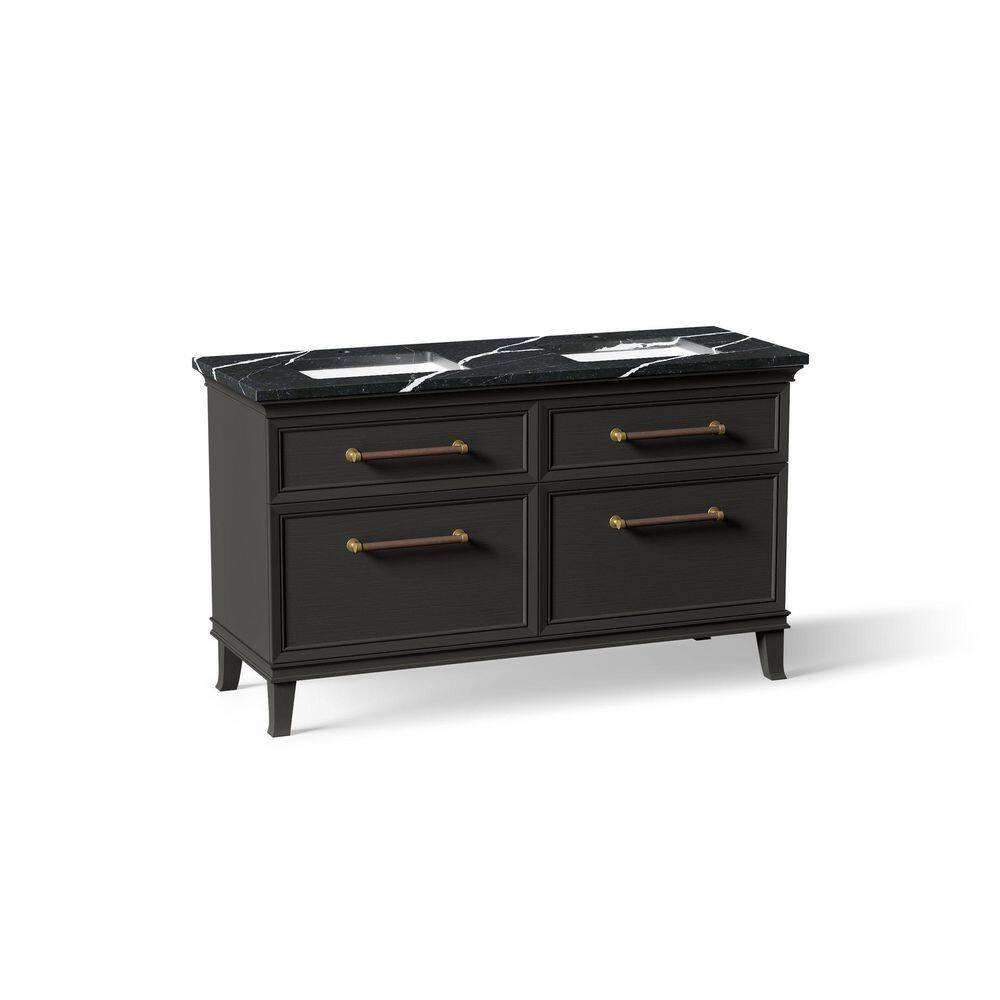 Artifacts 60 in. 2 Basin Freestanding Carbon Oak Bath Vanity with Black Eternal Marquina Quartz Top and Brass Hardware