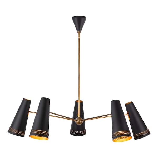 ALORA Brickell 45 in. 5 Light 60-Watt Matte Black/Hazelnut Leather Chandelier