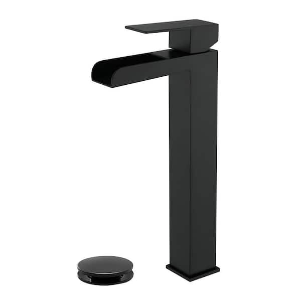 Single Handle Waterfall Vessel Sink Faucet with Pop-Up Drain in Matte Black