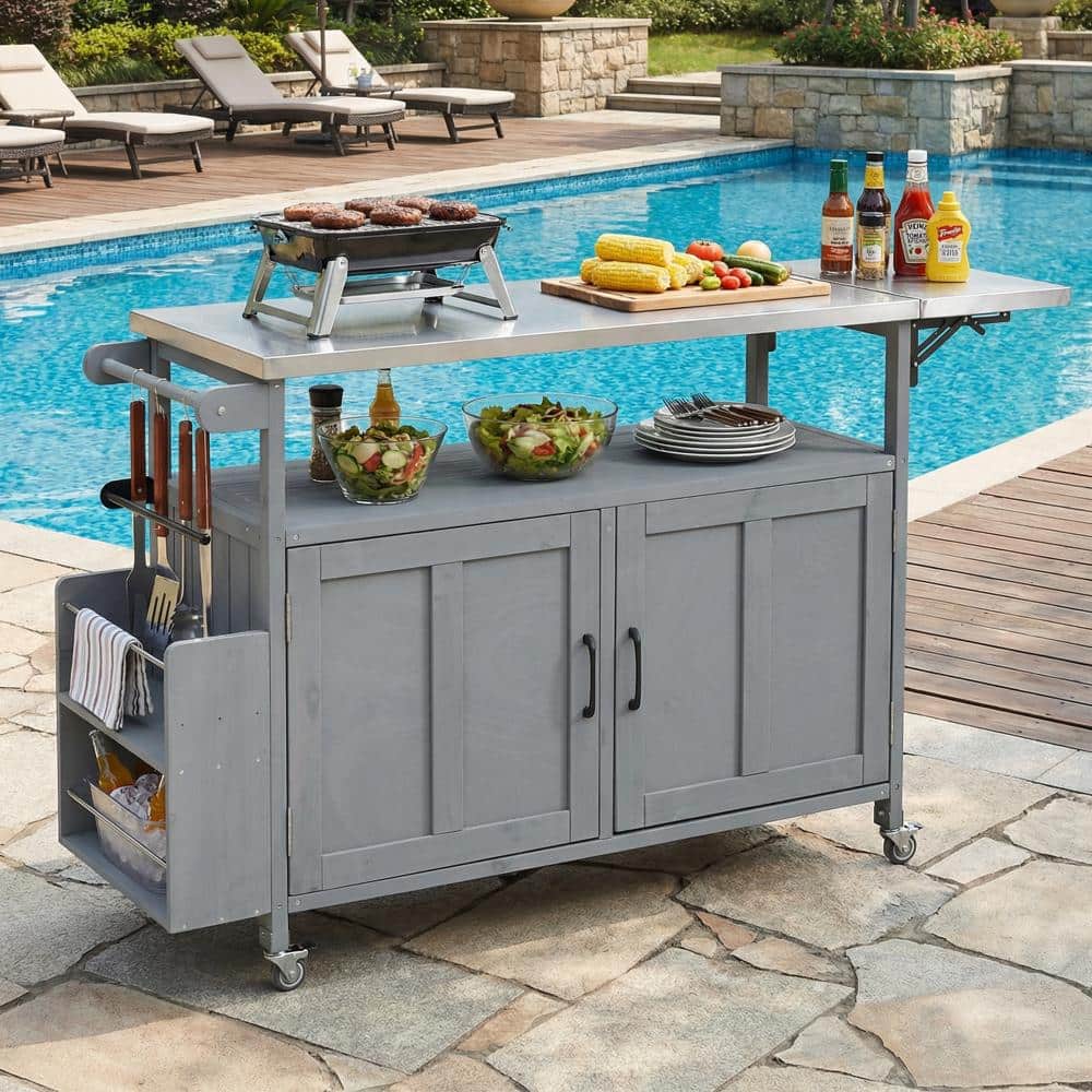 Gray Outdoor Grill Cart Kitchen Island with Foldable Stainless Steel Surface and Towel Rack price history on PriceWatchPro