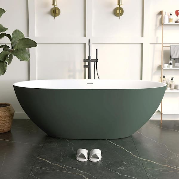 MEDUNJESS Eaton 65 in. x 30 in. Stone Resin Solid Surface Matte Flatbottom Freestanding Soaking Bathtub in Green