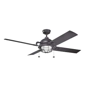 Maor Patio 65 in. Indoor Distressed Black Downrod Mount Ceiling Fan with Integrated LED with Pull Chain