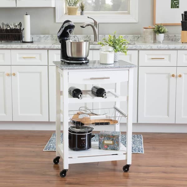 Linon Home Decor Todd White Kitchen Cart with Granite Top and