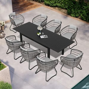 9-Piece Aluminum Wicker Outdoor Dining Set with Gray Cushion, Extendable Table and Steel Chairs Included