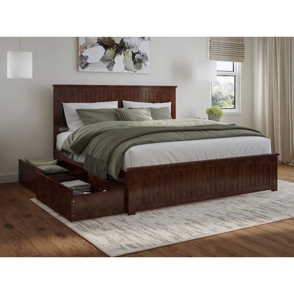 Nantucket Walnut Brown Solid Wood Frame King Platform Bed with Matching Footboard and Storage Drawers