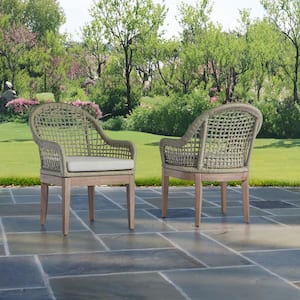 Richard Rustic Light Oak Wicker Outdoor Dining Lounge Chairs with Cushions (2-Pack)