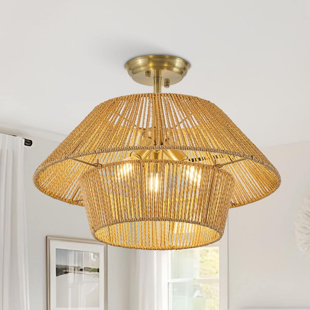 3-Light 19.69 in. Gold Modern Boho Tiered Natural Woven Rope Semi-Flush Mount Ceiling Light price history on PriceWatchPro