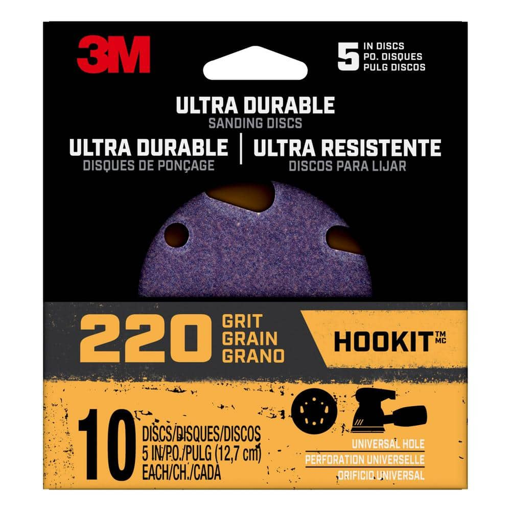 3M 5 in. 220-Grit Ultra Durable Power Sanding Discs with Universal Hole ...