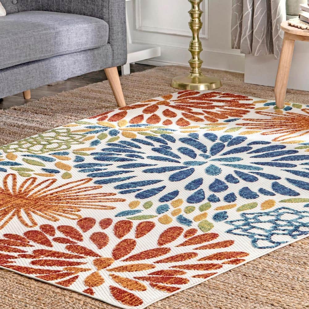 Rectangular Blue and Multicolor Synthetic Floral Area Rug 6'7" x 9'0"