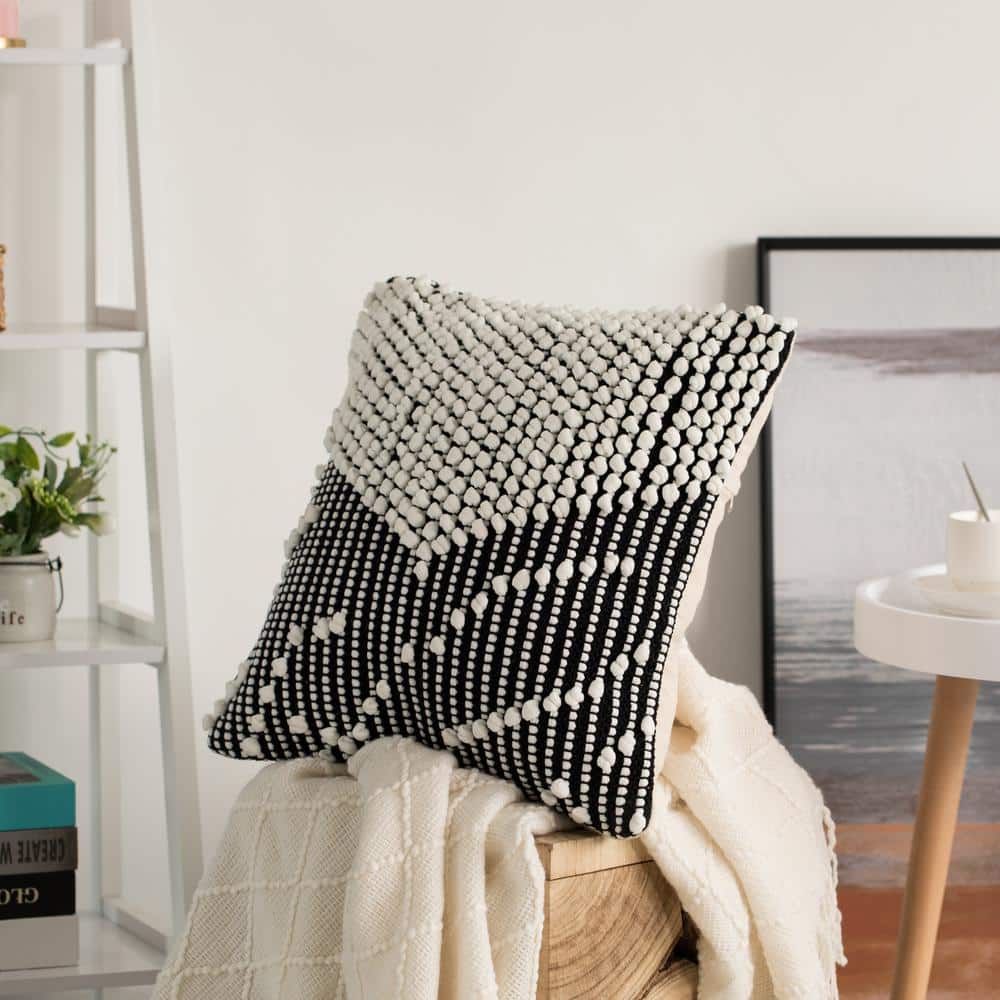 16'' Black and White Handwoven Cotton Throw Pillow