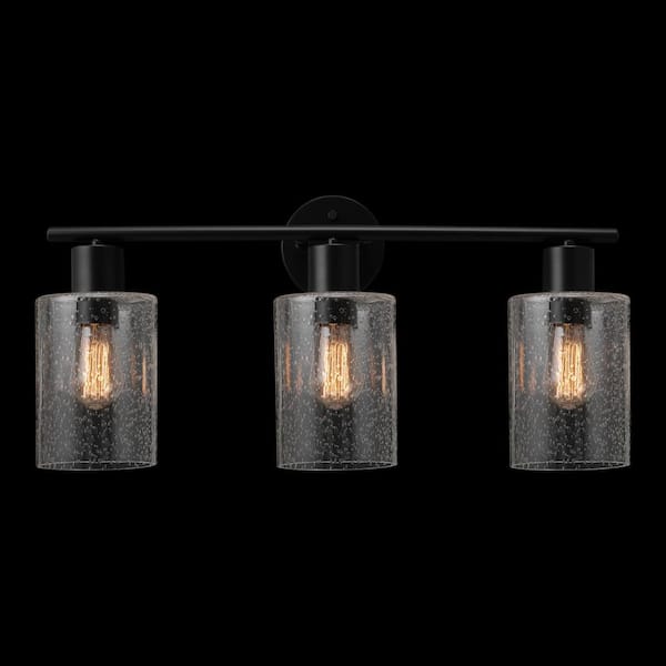 Bristol 24.5 in. 3-Light Matte Black Vanity Light with Seeded Glass Shades, 4-Piece Bath Set Included