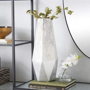 18 in. Gray Faux Marble Ceramic Decorative Vase with Silver Base