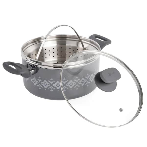 Spice BY TIA MOWRY Savory Saffron 3 qt. Nonstick Aluminum Dutch Oven with Stainless Steel Steamer and Lid in Charcoal