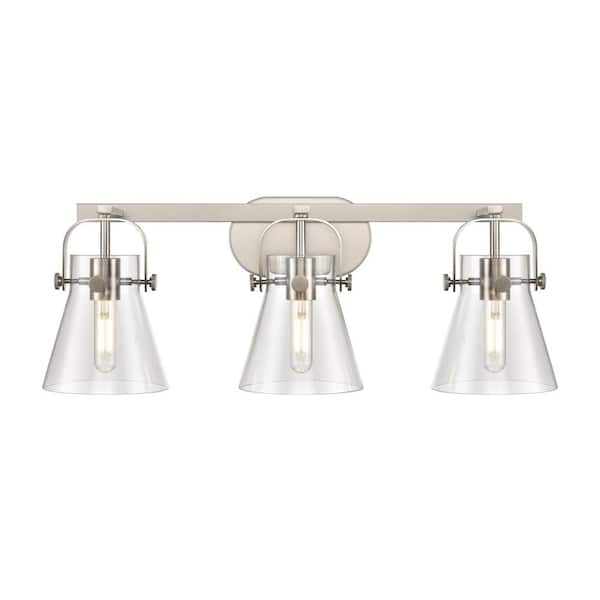 Pilaster II Cone 26.5 in. 3-Light Satin Nickel Vanity Light with Glass Shade
