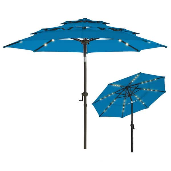 PASAMIC 9 ft. 3 Tiers Aluminum Solar Led Market Umbrella Outdoor Patio Umbrella with Tilt and 32 LED Lights in Royal Blue