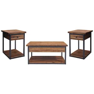 3-Piece 42 in. Brown/Black Large Rectangle Wood Coffee Table Set with Drawers