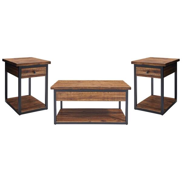 Alaterre Furniture 3-Piece 42 in. Brown/Black Large Rectangle Wood Coffee Table Set with Drawers