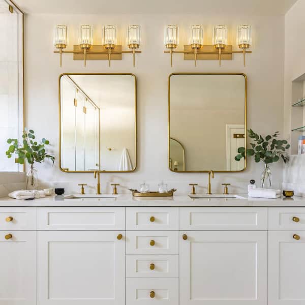 Kira 27.2 in. 4-Light Brushed Gold Dimmable Crystal Bathroom Vanity Light with Cylinder Shades