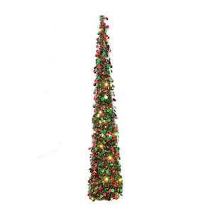 65 in. H UL Green with Red accents Tinsel Pop-Up Artificial Christmas Tree