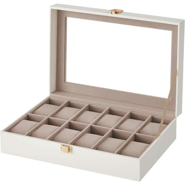 White Rectangle PU Leather 12-Slot Watch Box with Large Glass Lid and Beige Lining