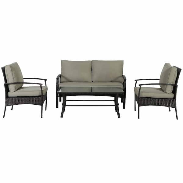 Sudzendf Brown 4-Piece Wicker Outdoor Patio Conversation Set with Khaki Cushions