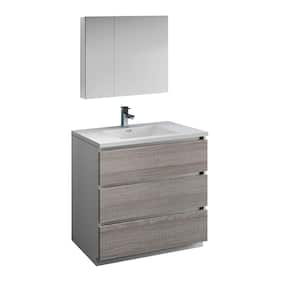Lazzaro 36 in. Modern Bathroom Vanity in Glossy Ash Gray with Vanity Top in White with White Basin and Medicine Cabinet