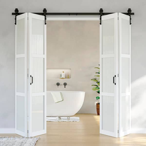 80 in. x 84 in. 3 Lite Tempered Frosted Glass Solid Core White Finished Composite Bi-fold Door Hardware